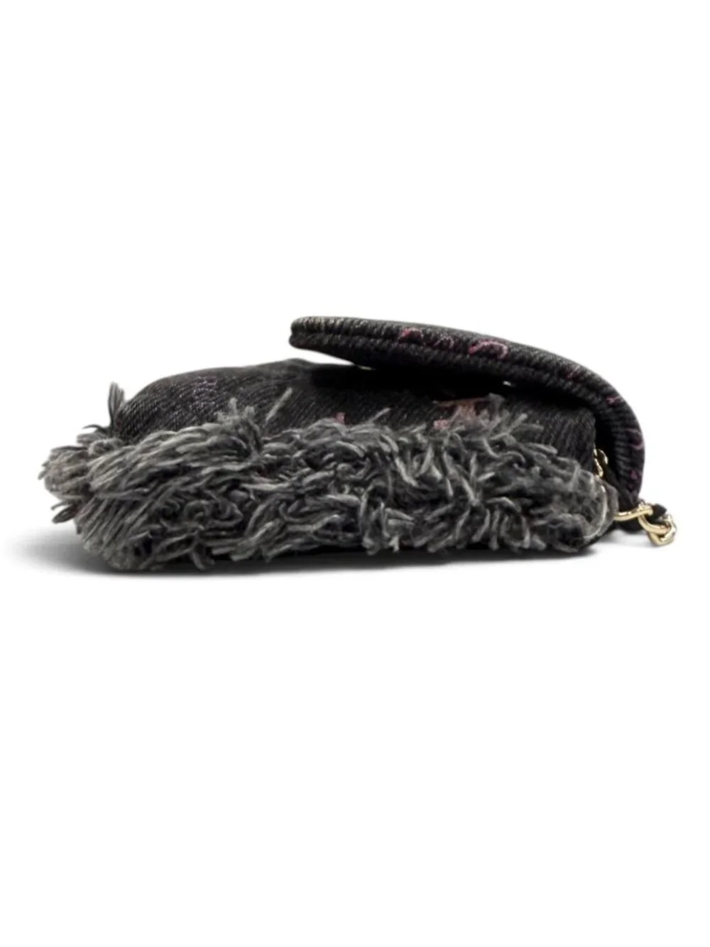 Chanel CC Logo Mini Quilted Denim Leather Chain Fringe Shoulder Bag Black